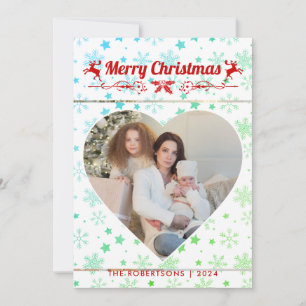 Modern Stylish Christmas Script Family Heart Photo Holiday Card