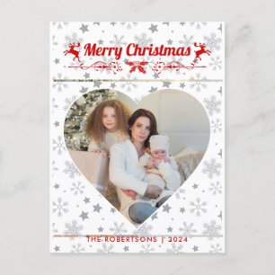 Modern Stylish Christmas Script Family Heart Photo Holiday Postcard