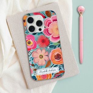 Modern Stylish Colorful Pink Floral Monogram iPhone 15 Pro Case