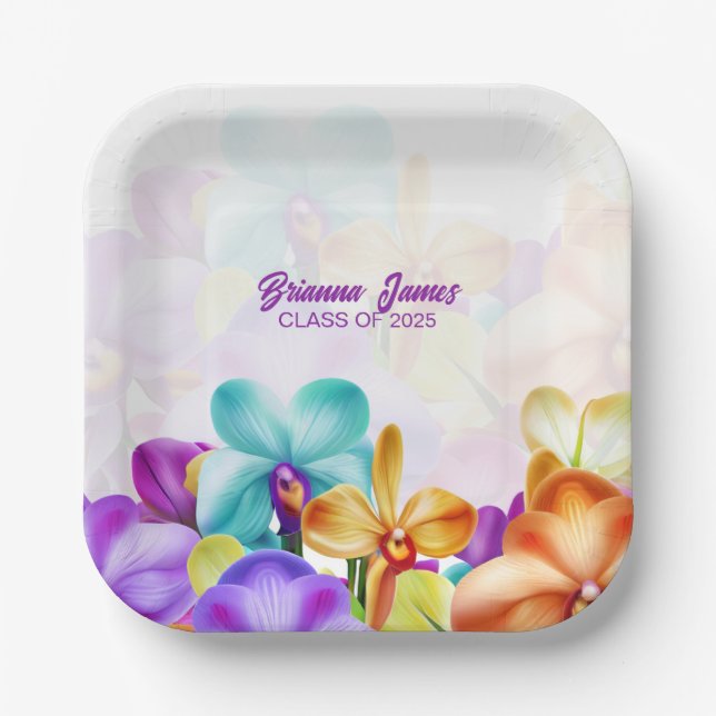Modern Stylish Colourful Orchids Paper Plates (Front)