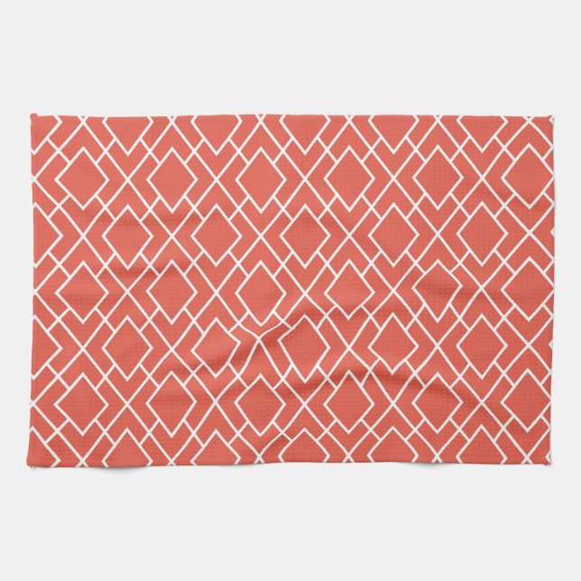 Modern Stylish Coral Pink Diamond Pattern Kitchen Towel (Horizontal)