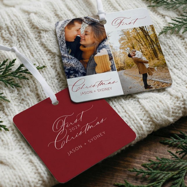 Modern Stylish Couple First Christmas Script Photo Metal Ornament (Couple First Christmas Elegant Script Photo Metal Ornament)