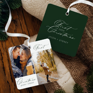 Modern Stylish Couple First Christmas Script Photo Metal Ornament