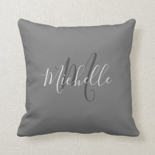 Modern stylish dark gray monogram name script throw pillow