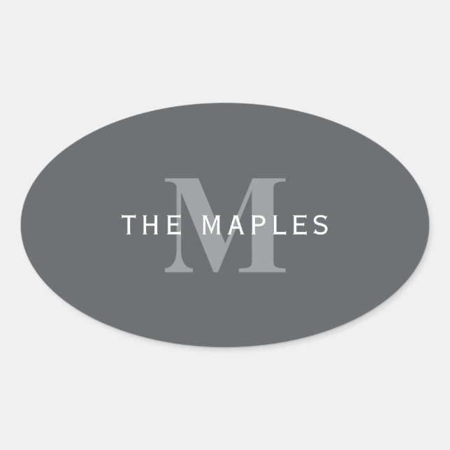 Modern Stylish Dark Grey Monogram & Name Oval Sticker (Front)