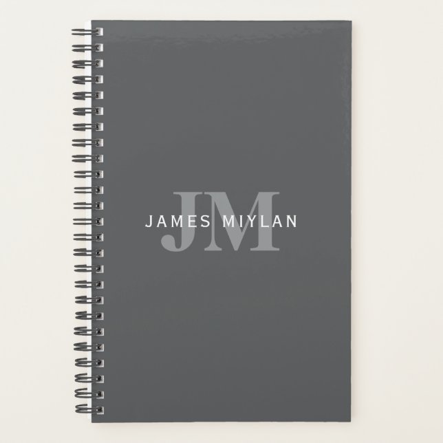 Modern Stylish Dark Grey Monogram & Name Planner (Front)