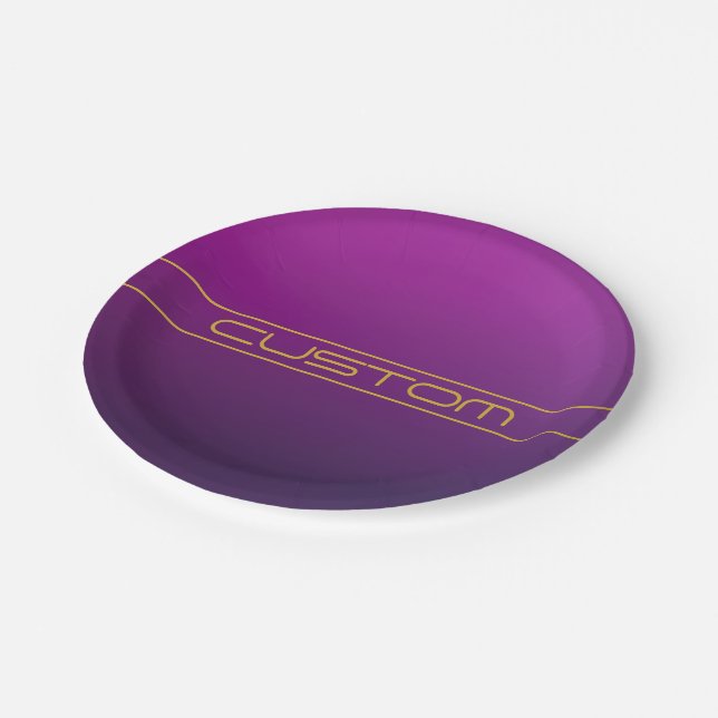 Modern Stylish Editable Gold Text on Purple Ombre Paper Plate (Angled)
