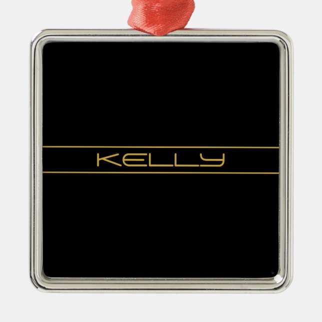 Modern Stylish Editable Gold Text & Stripes Metal Ornament (Front)