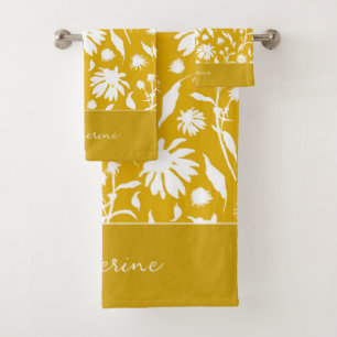 Modern Stylish Elegant Flowers on Mustard Yellow  Bath Towel Set