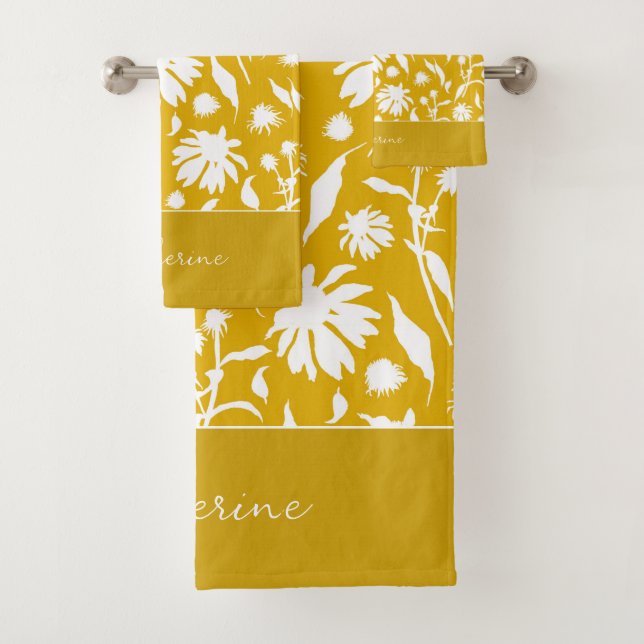 Modern Stylish Elegant Flowers on Mustard Yellow  Bath Towel Set (Insitu)