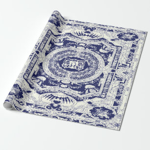 Modern Stylish Elegant Navy Blue Baroque Ornaments Wrapping Paper