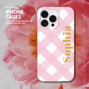 Modern Stylish Elegant Pink and Gold Gingham Plaid Case-Mate iPhone 14 Pro Max Case