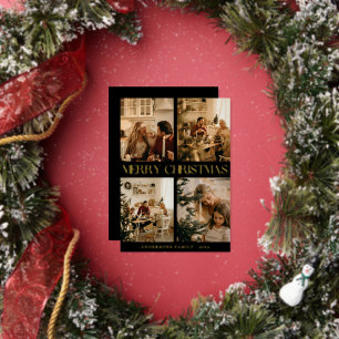 Modern Stylish Family Photo Black Merry Christmas Foil Holiday Card