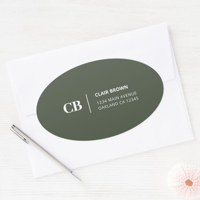 Modern Stylish Forest Green Monogram Oval Sticker (Envelope)