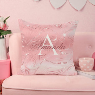 Modern Stylish Girly Pink Glitter Monogram Name Throw Pillow