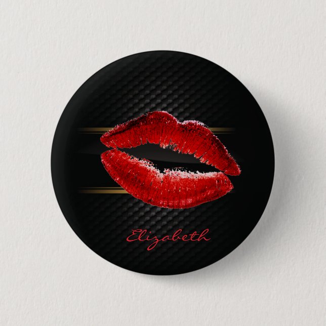 Modern Stylish Glitter Red Lips,Black-Personalized 2 Inch Round Button (Front)