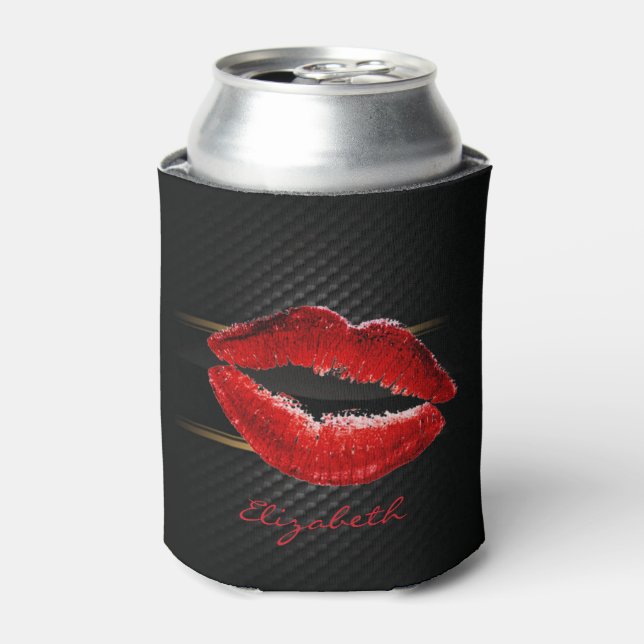 Modern Stylish Glitter Red Lips,Black-Personalized Can Cooler (Can Front)