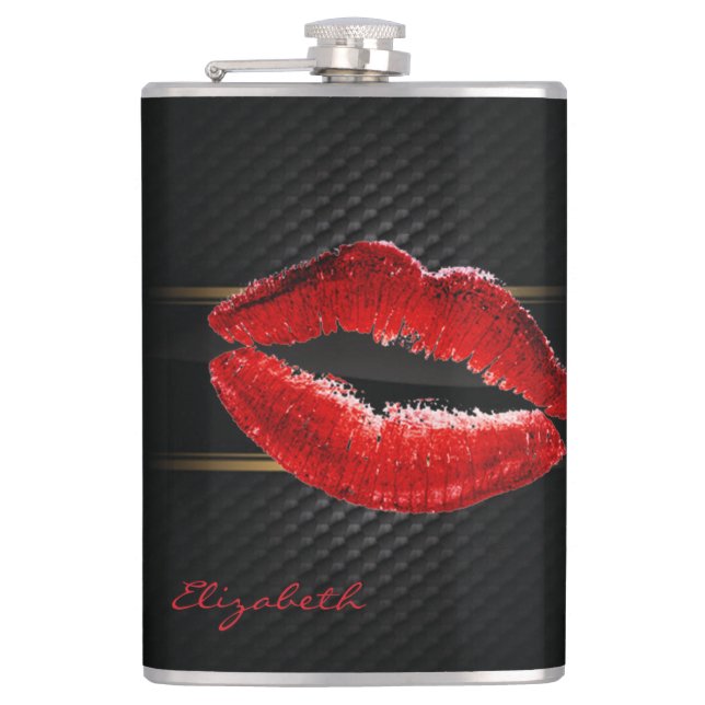 Modern Stylish Glitter Red Lips,Black-Personalized Hip Flask (Front)