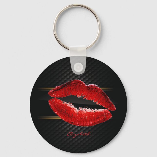 Modern Stylish Glitter Red Lips,Black-Personalized Keychain (Front)