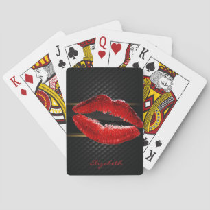 Modern Stylish Glitter Red Lips,Black-Personalized Playing Cards