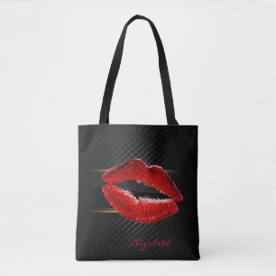 Modern Stylish Glitter Red Lips,Black-Personalized Tote Bag