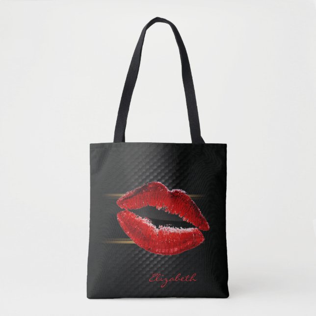 Modern Stylish Glitter Red Lips,Black-Personalized Tote Bag (Front)