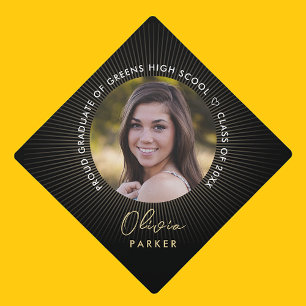 Modern Stylish Gold Black Graduation Photo Cap Topper