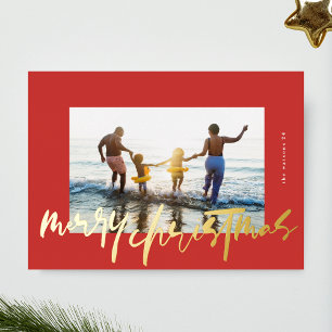 modern stylish gold & red photo merry christmas foil holiday card
