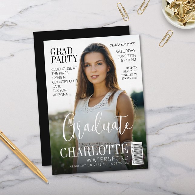 Modern Stylish Graduate Magazine Cover Grad Party Invitation (Modern graduation invitation for grad party magazine cover style with name school and stylish script)