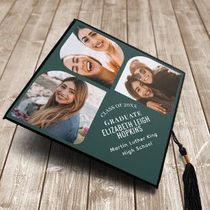 Modern Stylish Green 3 Photo Collage Graduation Cap Topper