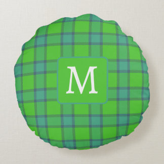 Modern stylish green &blue Plaid monogram Round Pillow