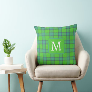 Modern stylish green &blue Plaid monogram Throw Pillow