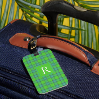 Modern stylish green &blue Plaid tartan monogram Luggage Tag