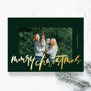 modern stylish green & gold photo merry christmas foil holiday card