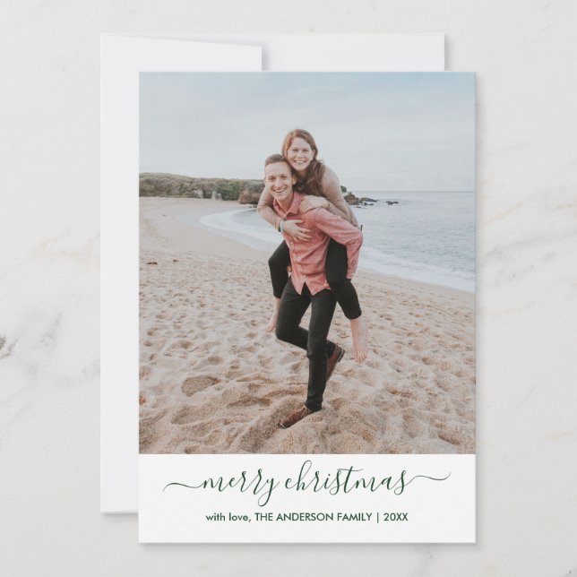 Modern Stylish Green Script Merry Christmas Photo Holiday Card (Front)