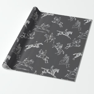 Modern Stylish Grey White Horseback Riding Toile Wrapping Paper