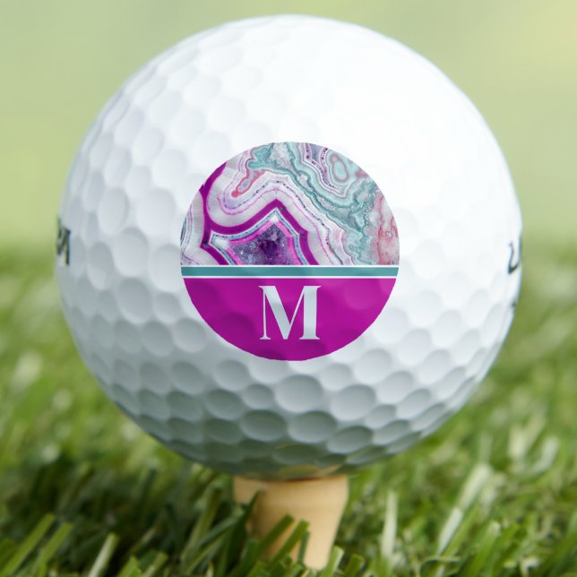 Modern Stylish Initial Monogram Golf Balls (Modern Turquoise Magenta Stone Initial Monogram Golf Balls)