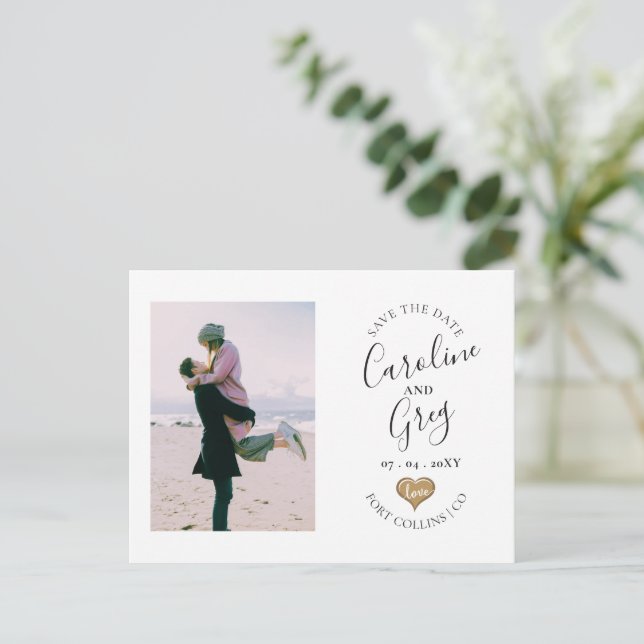 Modern Stylish Love Typography Photo Save the Date Announcement Postcard (Standing Front)