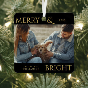 Modern Stylish Merry Christmas Family Photo Metal Ornament