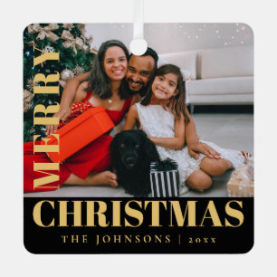 Modern Stylish Merry Christmas Family Photo Metal Ornament