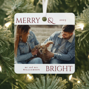 Modern Stylish Merry Christmas Family Photo Red Metal Ornament