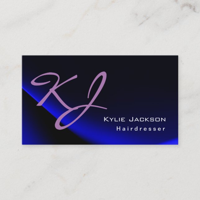 Modern Stylish Monogram Blue Trendy Hairdresser Business Card (Front)