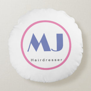 Modern Stylish Monogram Blue White Hairdresser Round Pillow