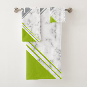 Modern stylish monogram lime green grey marble bath towel set