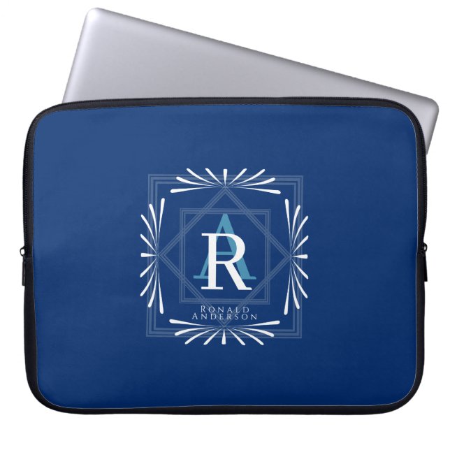 Modern Stylish Monogram Navy Laptop Sleeve (Front)