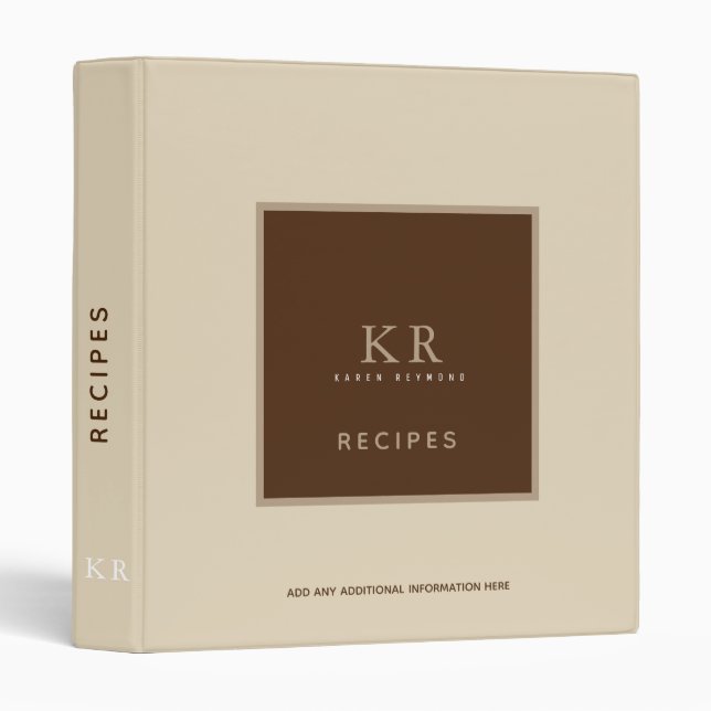 Modern & Stylish Monogram on Brown Recipe Binder (Front/Spine)