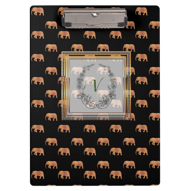 Modern Stylish Monogram Patterns Elephants Gold Clipboard (Front)