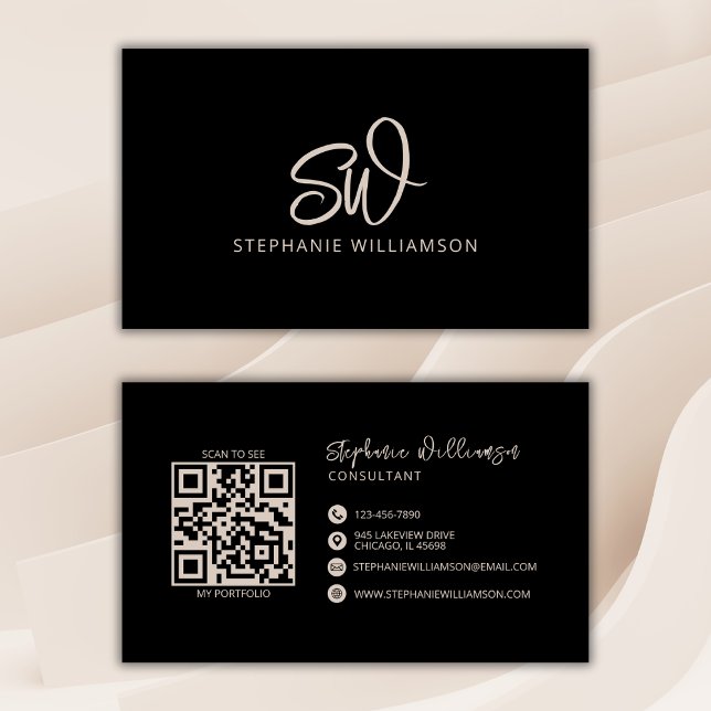 Modern Stylish Monogram QR Code Minimal Black Business Card (Creator Uploaded)