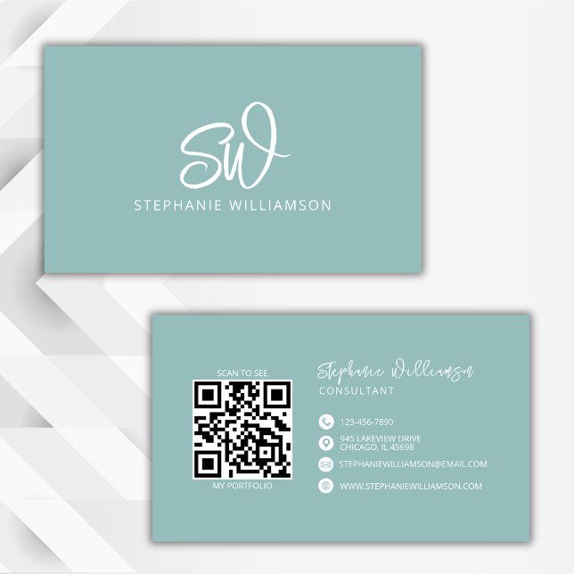 Modern Stylish Monogram QR Code Minimal Teal Business Card (Creator Uploaded)