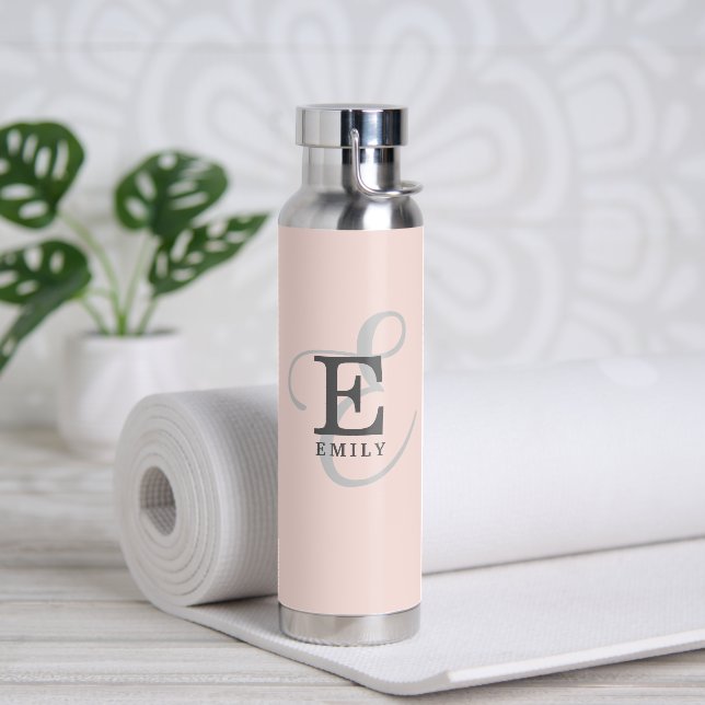 Modern Stylish Monogram Typography Blush Pink Water Bottle (Yoga)